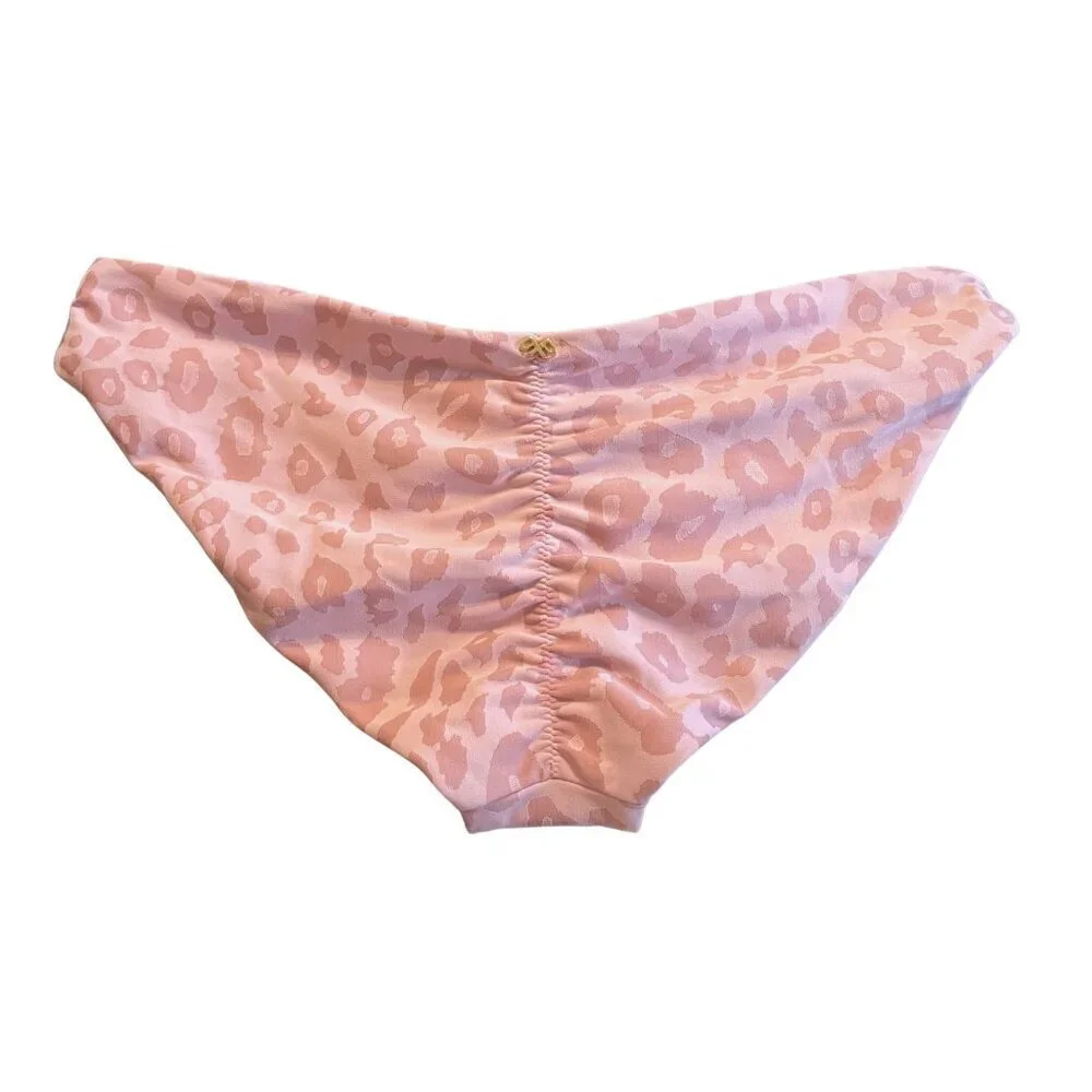 NWT PilyQ Ruched Back Bikini Bottom in Pink Leopard Sz. L